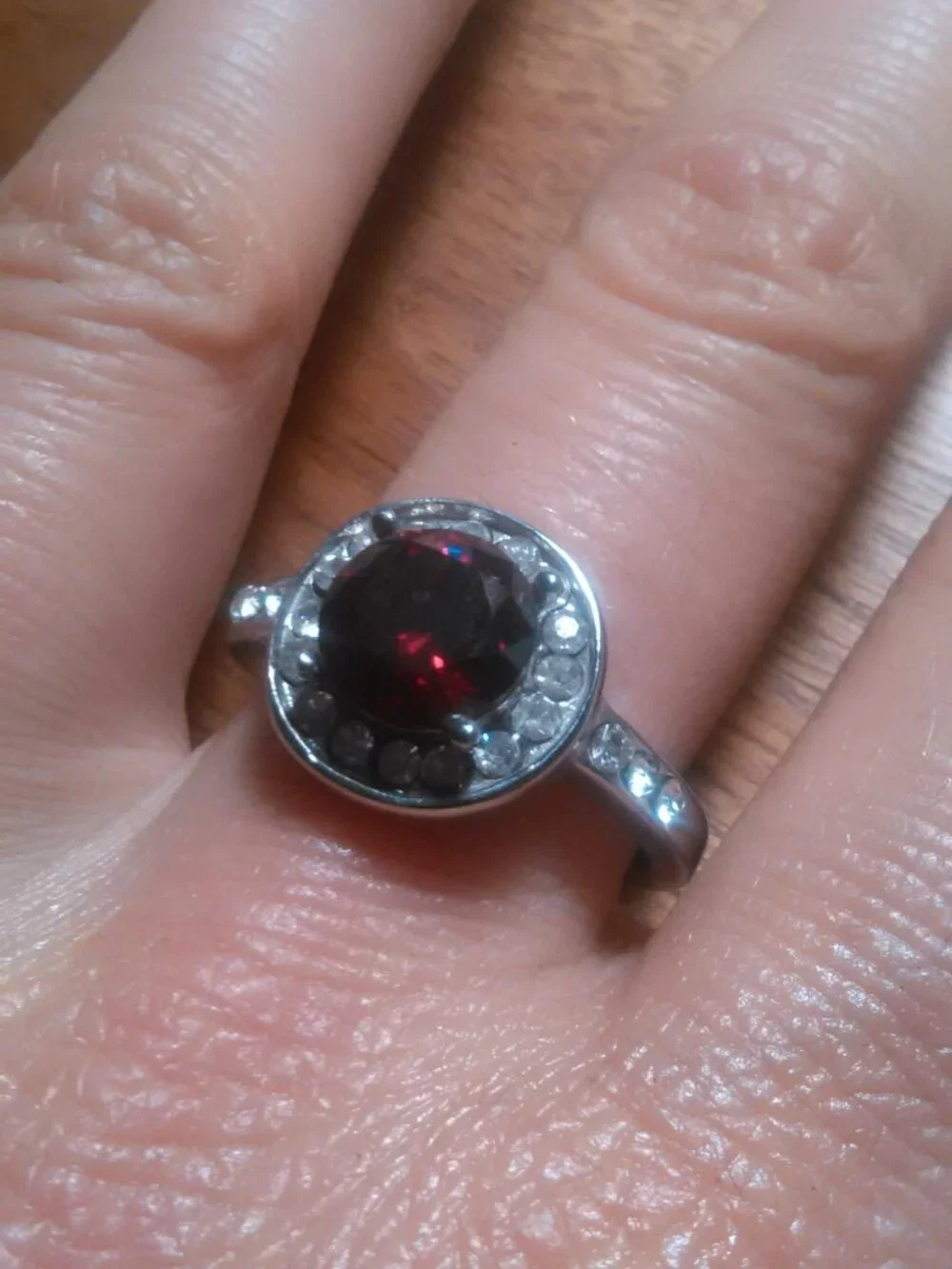 Simulated Ruby and White Crystal Silvertone Ring (Size 9.75)